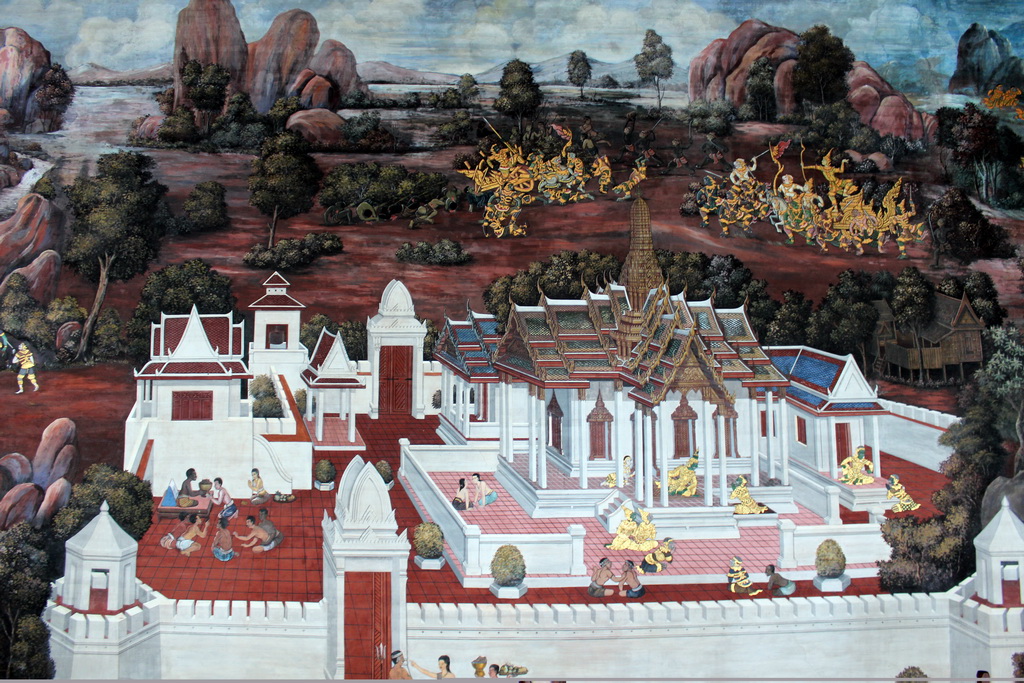 Tapestry on the wall of the Ramakian Mural Cloisters at the Temple of the Emerald Buddha at the Grand Palace