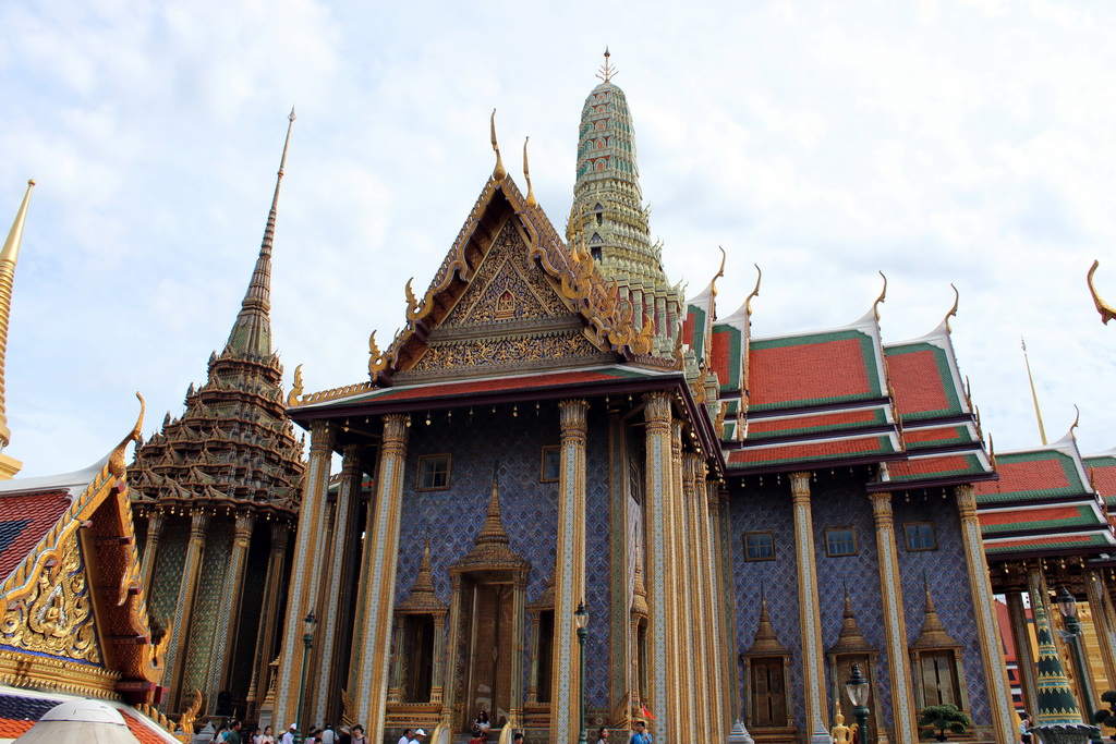 The south side of the Phra Mondop hall and the Prasat Phra Dhepbidorn hall at the Temple of the Emerald Buddha at the Grand Palace
