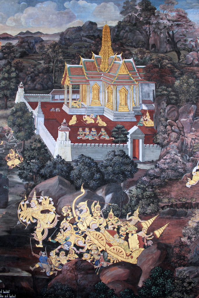 Tapestry on the wall of the Ramakian Mural Cloisters at the Temple of the Emerald Buddha at the Grand Palace