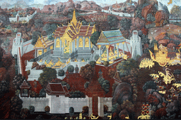 Tapestry on the wall of the Ramakian Mural Cloisters at the Temple of the Emerald Buddha at the Grand Palace
