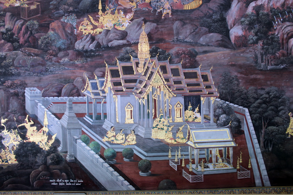 Tapestry on the wall of the Ramakian Mural Cloisters at the Temple of the Emerald Buddha at the Grand Palace