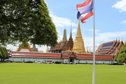 The Outer Court, the Hor Phra Naga hall, the Phra Wiharn Yod hall, the Prasat Phra Dhepbidorn hall, the Phra Mondop hall, the Phra Siratana Chedi stupa and the Chapel of the Emerald Buddha at the Temple of the Emerald Buddha at the Grand Palace