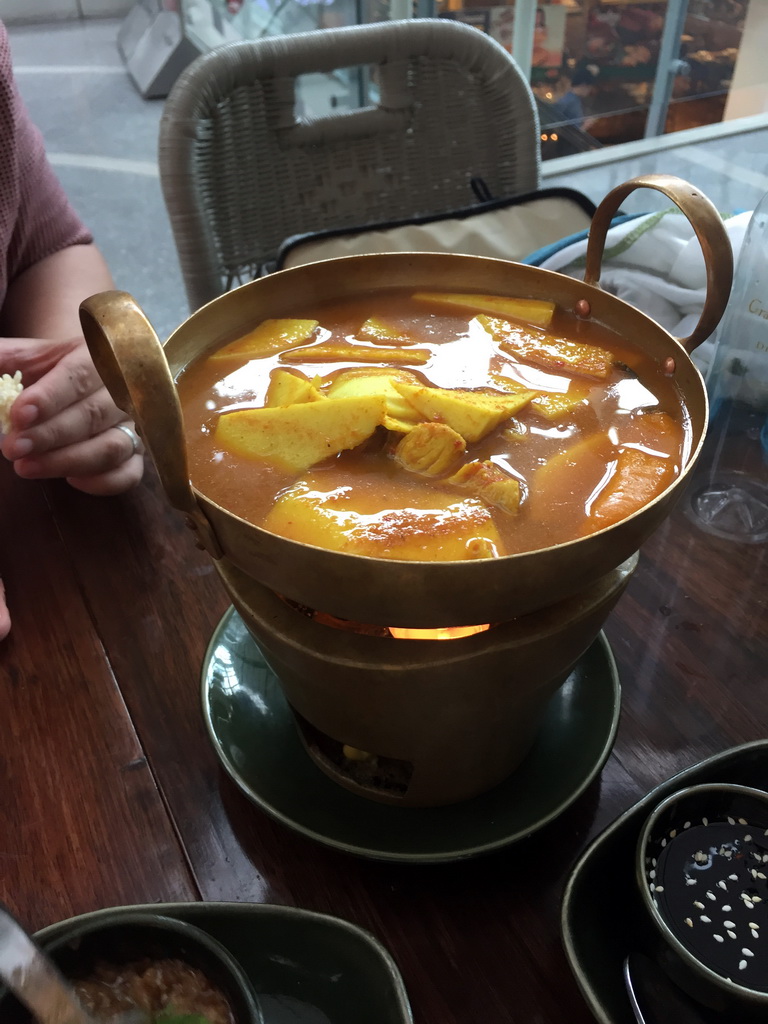 `Southern Yellow Hot and Spicy Soup with Coconut Shoot and Sea Bass` dish at the Nara Thai Cuisine restaurant at the Central World shopping mall