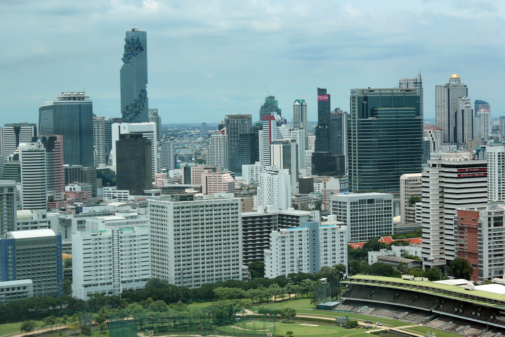 The Royal Bangkok Sports Club golf course, the MahaNakhon building, the State Tower and other skyscrapers in the city center, viewed from our room at the Grande Centre Point Hotel Ratchadamri Bangkok