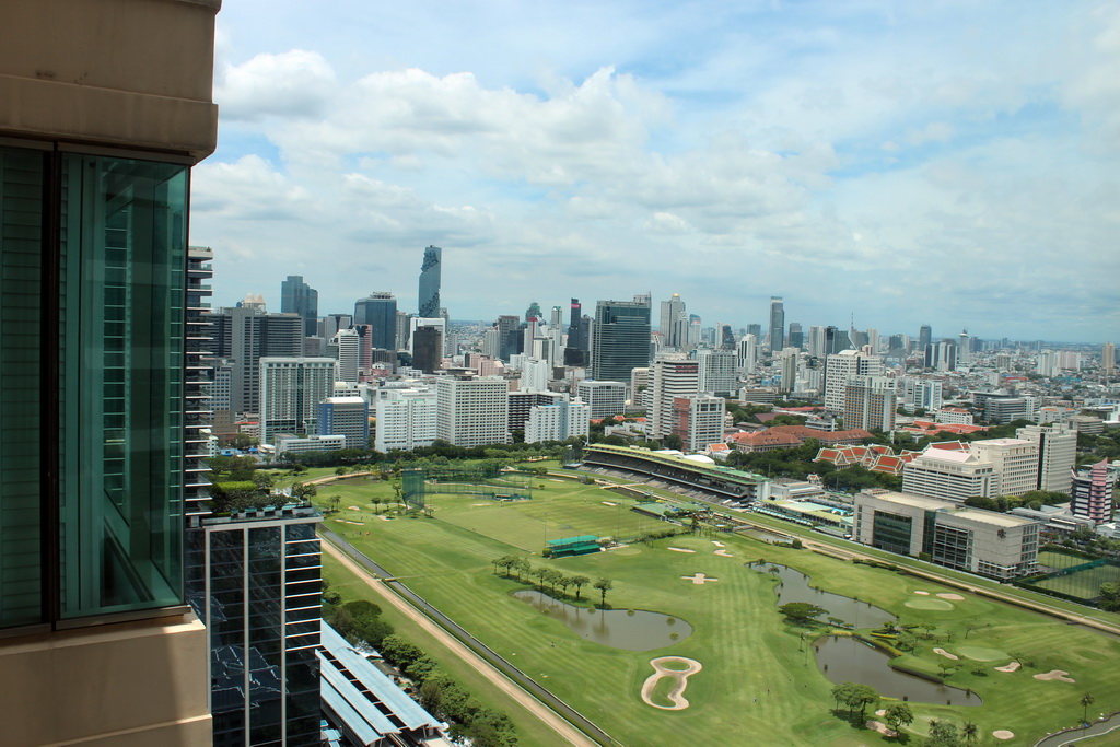 The Royal Bangkok Sports Club golf course, Chulalongkorn University, the MaHaNakhon building, the State Tower and other skyscrapers in the city center, viewed from our room at the Grande Centre Point Hotel Ratchadamri Bangkok