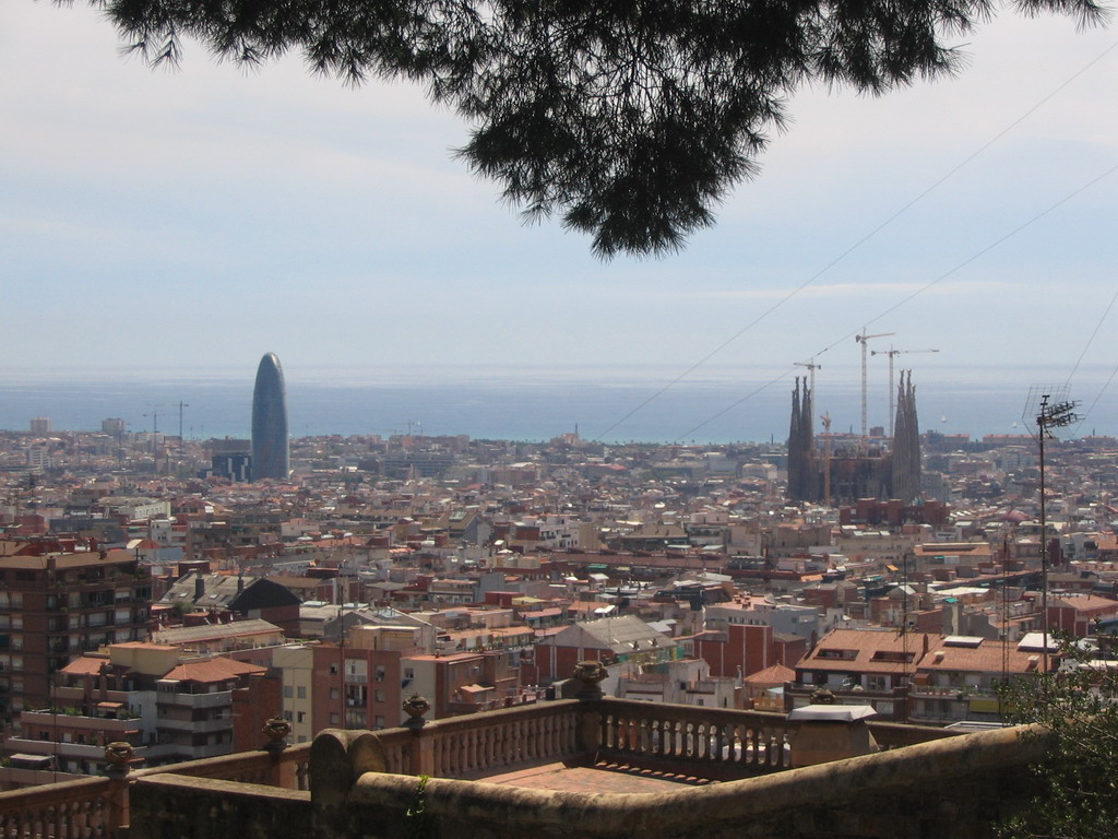 View from Park Güell on the Sagrada Família church and the Torre Agbar tower