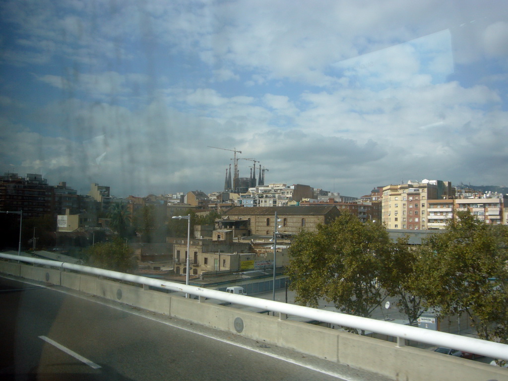 The Sagrada Família church and surroundings, viewed from the bus on the way from Barcelona Girona Airport to the Estació del Nord bus station