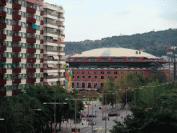 View from our room in the Expo Hotel Barcelona on the Las Arenas shopping mall and the Parc de Joan Miró with the sculpture `Dona i Ocell`