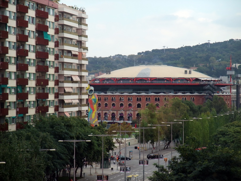 View from our room in the Expo Hotel Barcelona on the Las Arenas shopping mall and the Parc de Joan Miró with the sculpture `Dona i Ocell`