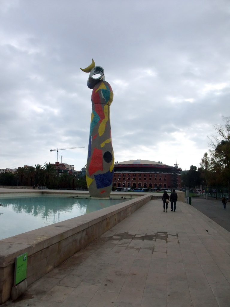 The Parc de Joan Miró with the sculpture `Dona i Ocell`, and the Las Arenas shopping mall