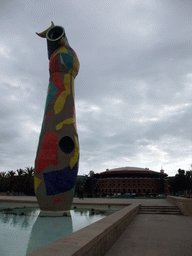 The Parc de Joan Miró with the sculpture `Dona i Ocell`, and the Las Arenas shopping mall