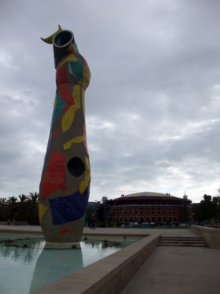 The Parc de Joan Miró with the sculpture `Dona i Ocell`, and the Las Arenas shopping mall