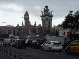 The Plaça d`Espanya square with the fountain by Josep Maria Jujol, one of the Venetian Towers, the Fira de Barcelona building, the Palau de la Metallúrgia building, the Four Columns and the Museu Nacional d`Art de Catalunya