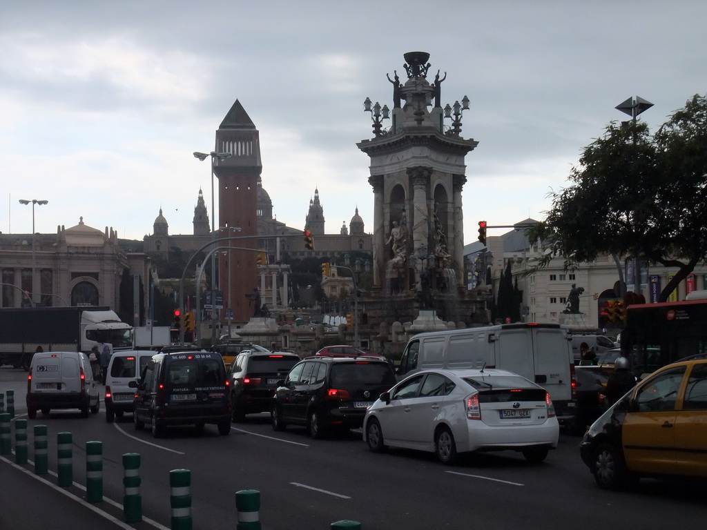 The Plaça d`Espanya square with the fountain by Josep Maria Jujol, one of the Venetian Towers, the Fira de Barcelona building, the Palau de la Metallúrgia building, the Four Columns and the Museu Nacional d`Art de Catalunya