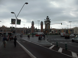 The Plaça d`Espanya square with the fountain by Josep Maria Jujol, one of the Venetian Towers, the Fira de Barcelona building, the Palau de la Metallúrgia building and the Museu Nacional d`Art de Catalunya