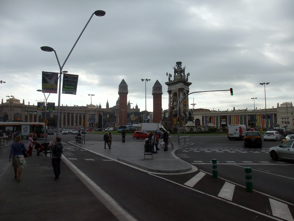 The Plaça d`Espanya square with the fountain by Josep Maria Jujol, one of the Venetian Towers, the Fira de Barcelona building, the Palau de la Metallúrgia building and the Museu Nacional d`Art de Catalunya