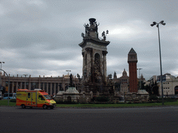 The Plaça d`Espanya square with the fountain by Josep Maria Jujol, one of the Venetian Towers, the Fira de Barcelona building, the Four Columns and the Museu Nacional d`Art de Catalunya