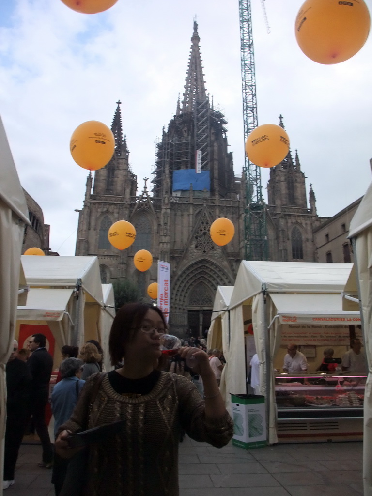 Miaomiao with wine at the `Mercat de Mercats` market at the Plaça Nova square, and the front of the Cathedral of Santa Eulalia