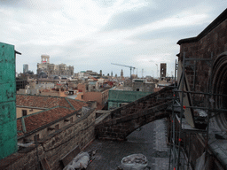 The roof of the Cathedral of Santa Eulalia with a view on the region to the southeast, with the tower of the Basílica dels Sants Màrtirs Just i Pastor church