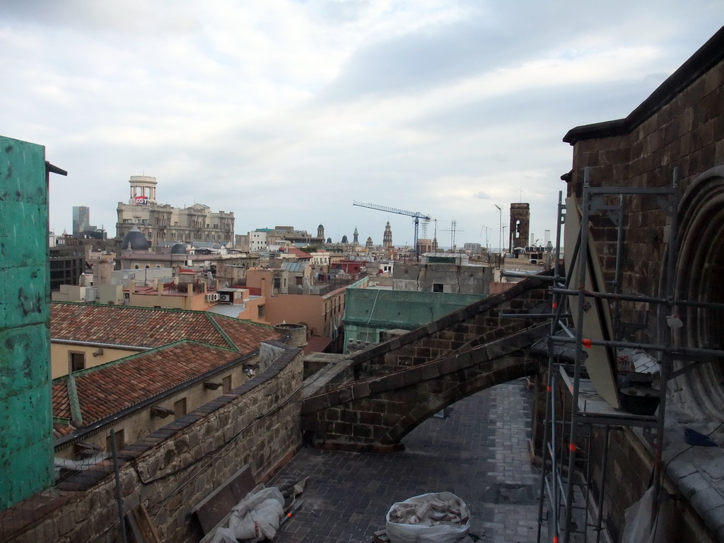 The roof of the Cathedral of Santa Eulalia with a view on the region to the southeast, with the tower of the Basílica dels Sants Màrtirs Just i Pastor church