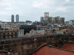 The roof of the Cathedral of Santa Eulalia with a view on the region to the east, with the Hotel Arts tower and the Torre Mapfre tower