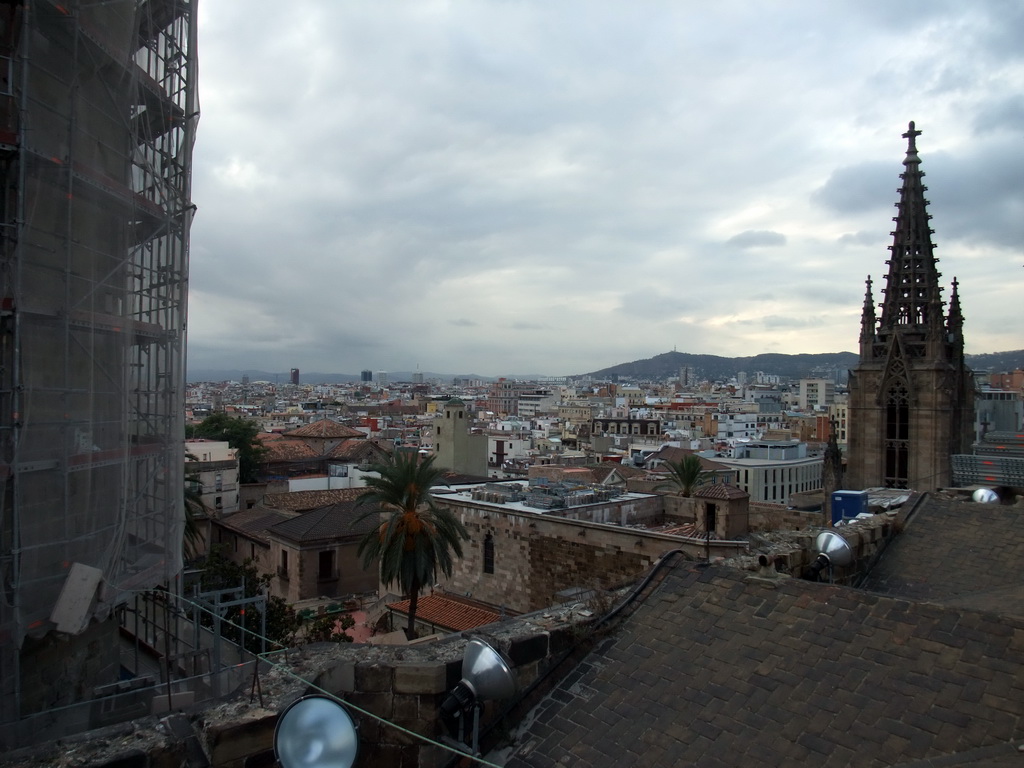 The roof and one of the towers of the Cathedral of Santa Eulalia, with a view on the region to the west