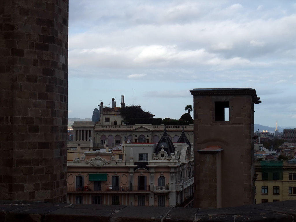 The Torre Agbar tower and surroundings, viewed from the roof of the Cathedral of Santa Eulalia