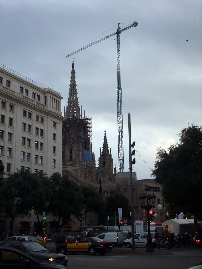 View from the Plaça d`Antoni Maura square on the Avinguda de la Catedral avenue and the Cathedral of Santa Eulalia
