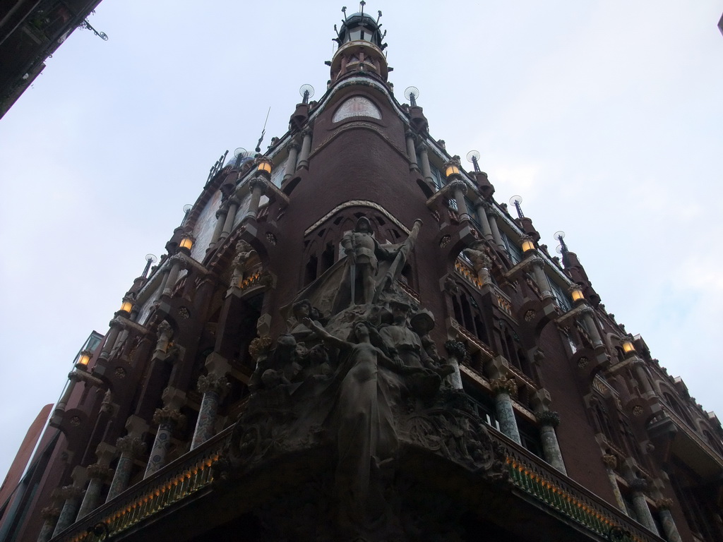 The corner of the Palau de la Música Catalana concert hall, with the sculpture `The Catalan song` by Miquel Blay