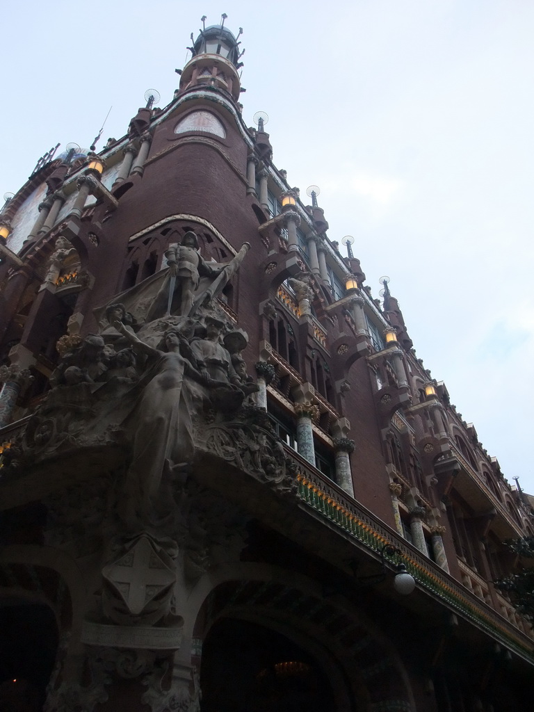 The corner of the Palau de la Música Catalana concert hall, with the sculpture `The Catalan song` by Miquel Blay