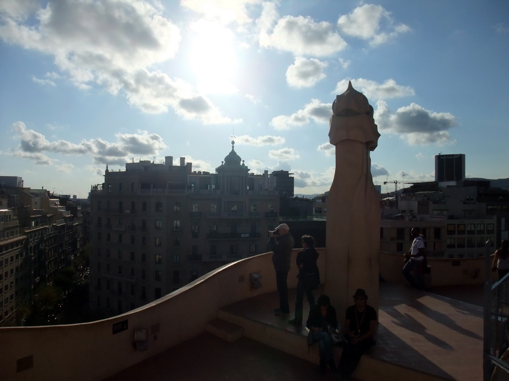 Ventilation tower at the roof of the La Pedrera building, with a view on the region to the southwest