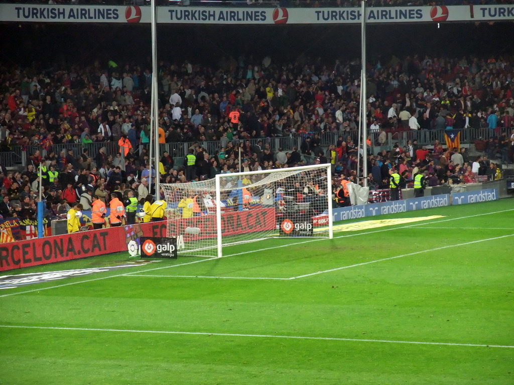 Left goal during halftime at the football match FC Barcelona - Sevilla FC in the Camp Nou stadium