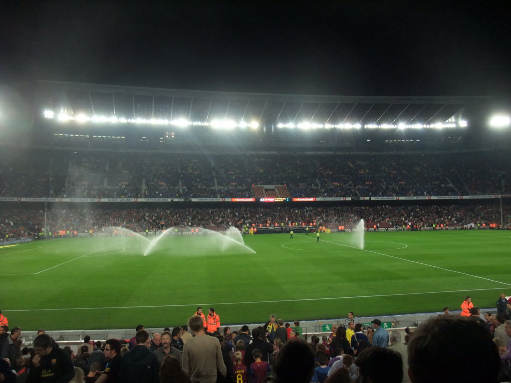 Field being sprayed during halftime at the football match FC Barcelona - Sevilla FC in the Camp Nou stadium