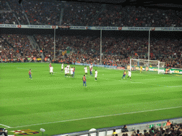 Lionel Messi taking a free kick at the football match FC Barcelona - Sevilla FC in the Camp Nou stadium