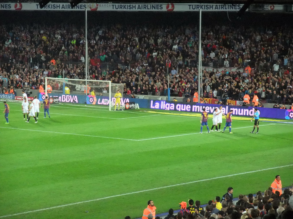 FC Barcelona getting a free kick during the football match FC Barcelona - Sevilla FC in the Camp Nou stadium