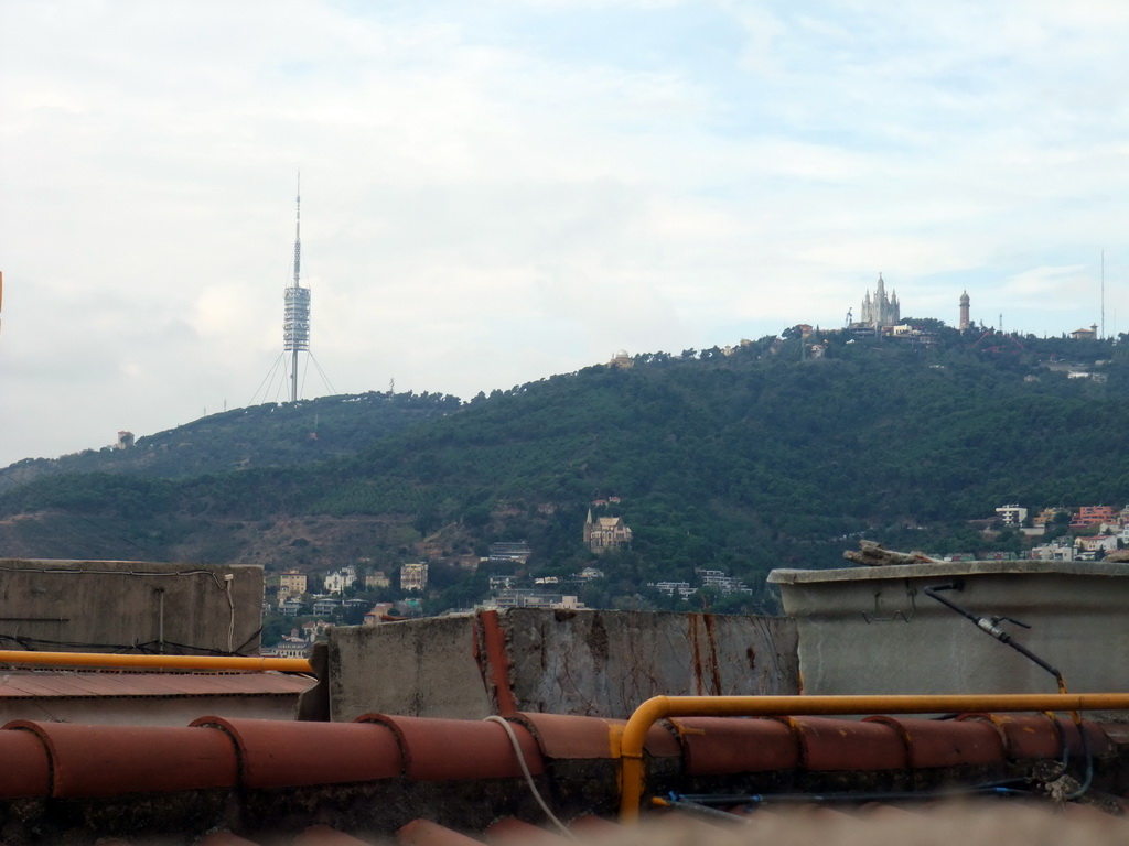 Mount Tibidabo with the Temple Expiatori del Sagrat Cor church and the Torre de Collserola tower, viewed from Park Güell