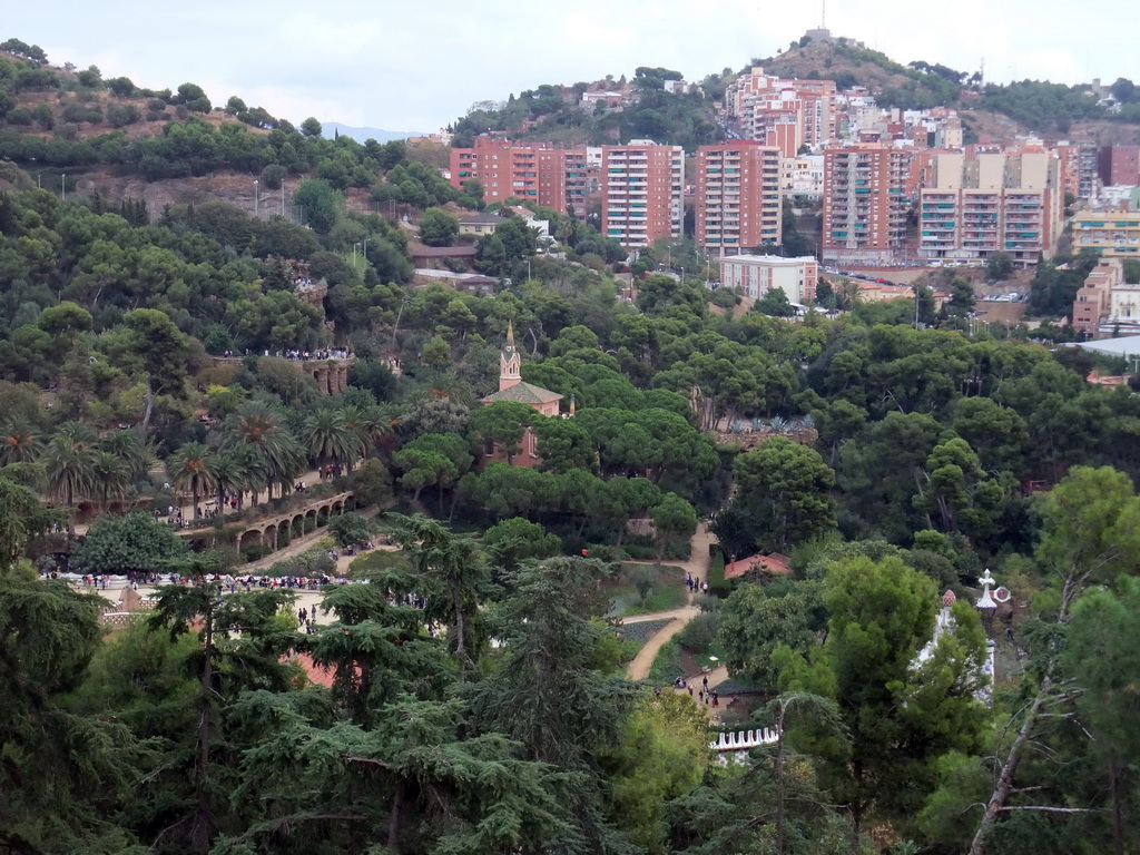View from the hill with three crosses on the rest of Park Güell and the region to the east