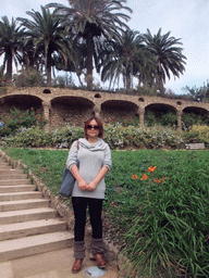 Miaomiao at a gallery with trees at the east part of Park Güell