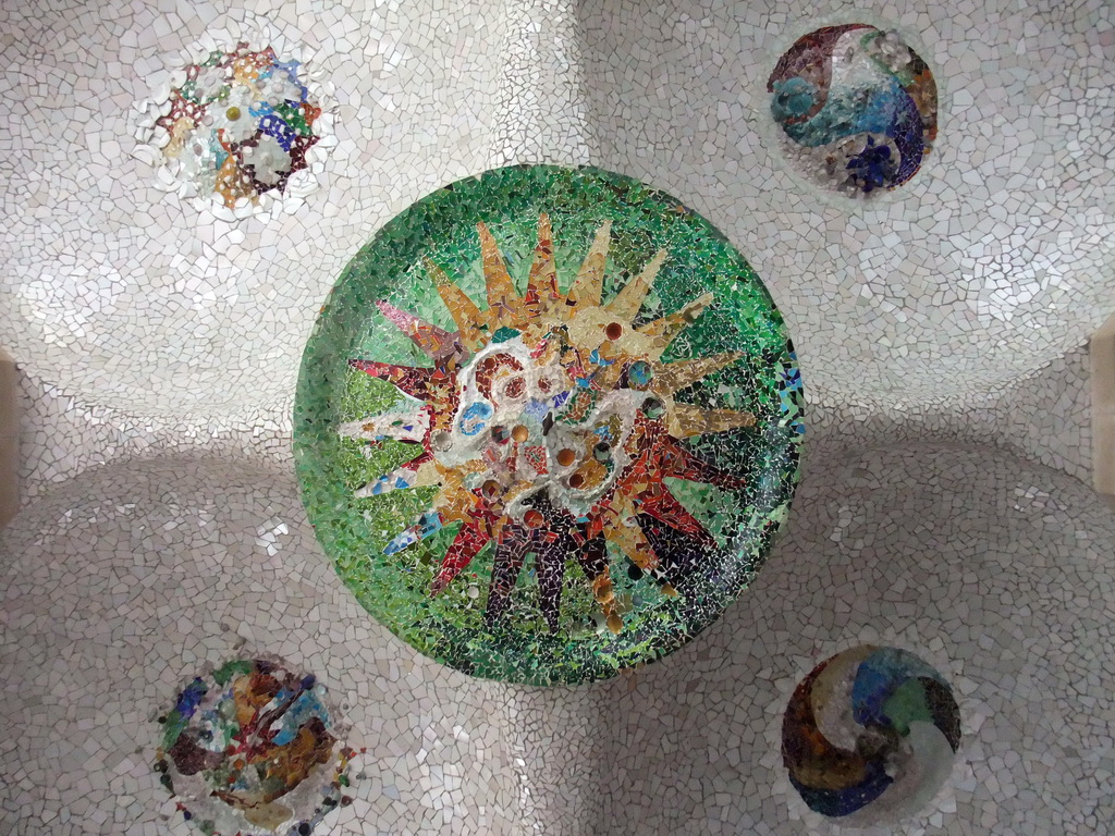 Mosaic at the ceiling of the Hipostila room at Park Güell