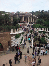 The entrance staircase and Hipostila room at Park Güell, viewed from the west entrance building