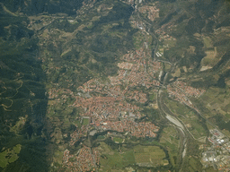 The town of Céret with the Pont du Diable bridge over the Tech river, viewed from the airplane from Amsterdam