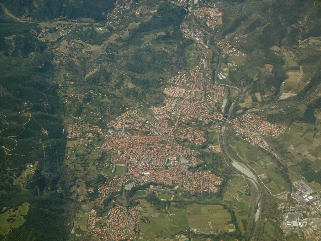 The town of Céret with the Pont du Diable bridge over the Tech river, viewed from the airplane from Amsterdam