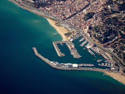 The Port d`Arenys harbour of the town of Arenys de Mar, viewed from the airplane from Amsterdam