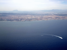 The east side of the city with the Port Fòrum harbour and the Parc Fluvial del Besòs park, viewed from the airplane from Amsterdam