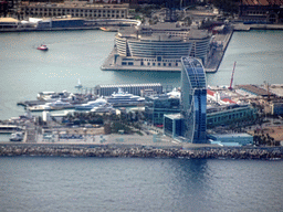 The Port Vell harbour with the World Trade Center Barcelona and the Hotel W Barcelona, viewed from the airplane from Amsterdam