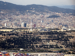 The Montjuïc hill with the Montjuïc Communications Tower and the Palau Sant Jordi sports complex, viewed from the airplane from Amsterdam