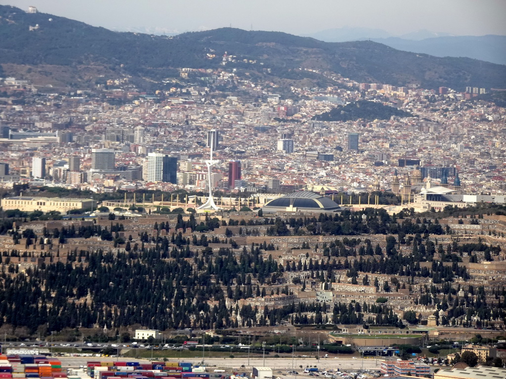 The Montjuïc hill with the Montjuïc Communications Tower and the Palau Sant Jordi sports complex, viewed from the airplane from Amsterdam