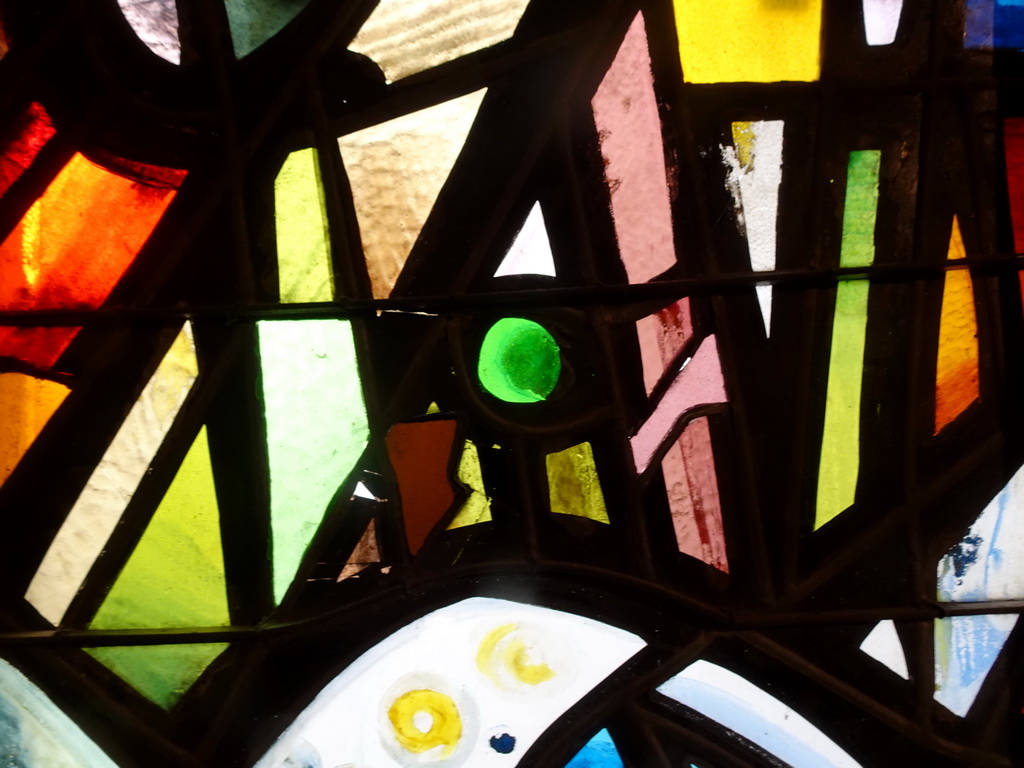 Detail of a stained glass window at the upper floor of the Basilica de Santa Maria del Mar church