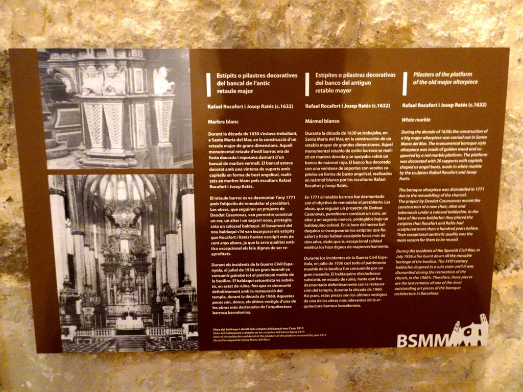 Explanation on the pilasters of the platform of the old major altarpiece, at the upper floor of the Basilica de Santa Maria del Mar church