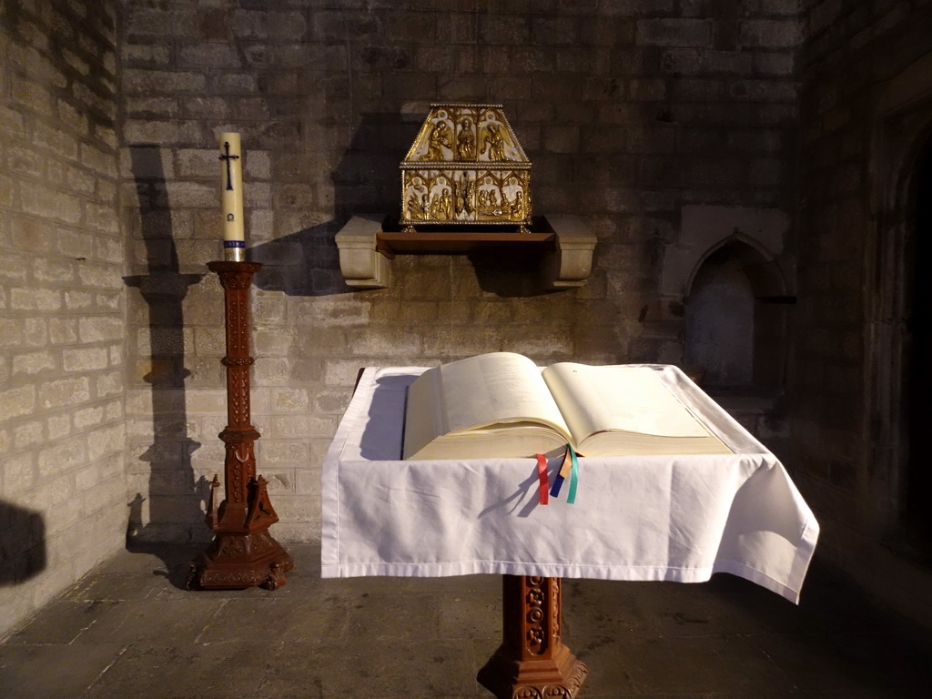 Chest and book at a side chapel at the west side of the Basilica de Santa Maria del Mar church